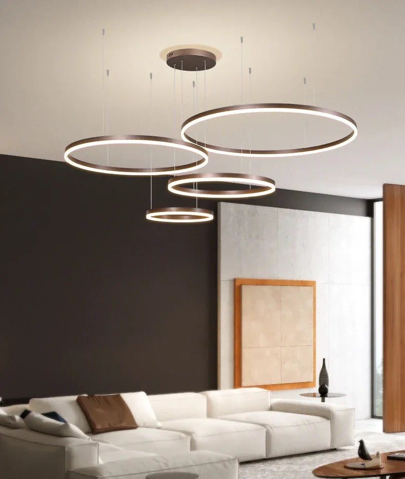 Modern LED Pendant Chandelier – Dimmable Gold or Coffee Brushed Circle Ceiling Light