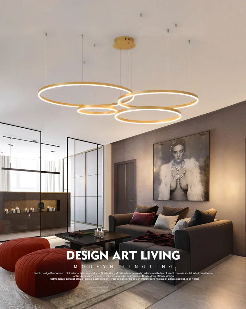 Modern LED Pendant Chandelier – Dimmable Gold or Coffee Brushed Circle Ceiling Light