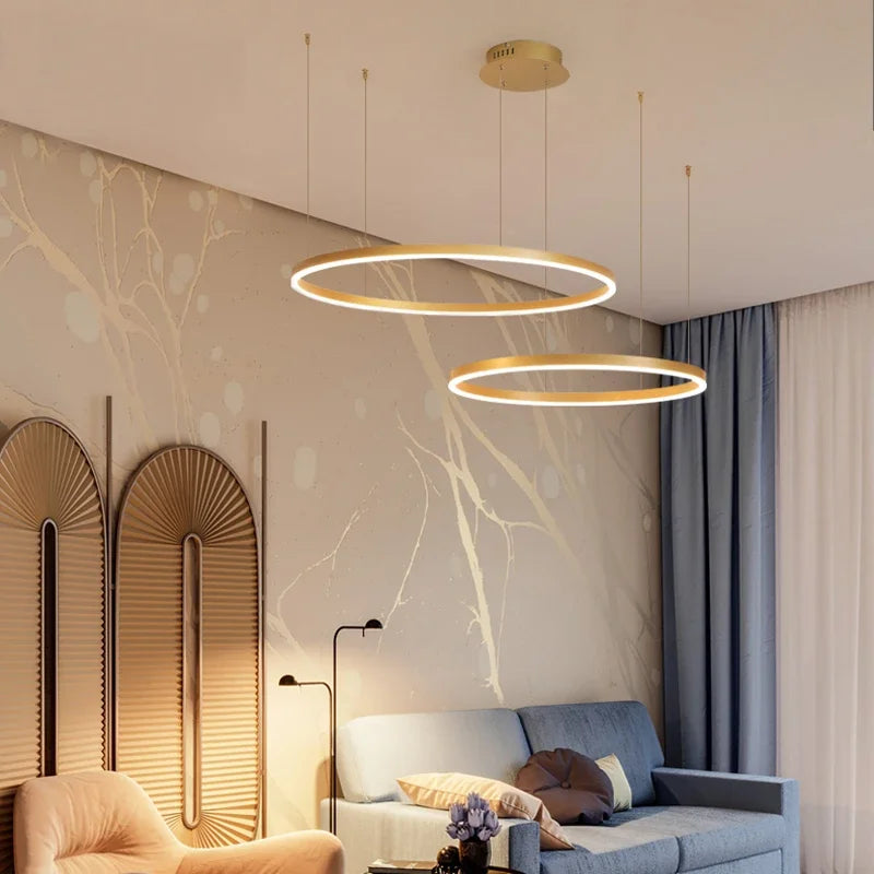 Modern LED Pendant Chandelier – Dimmable Gold or Coffee Brushed Circle Ceiling Light