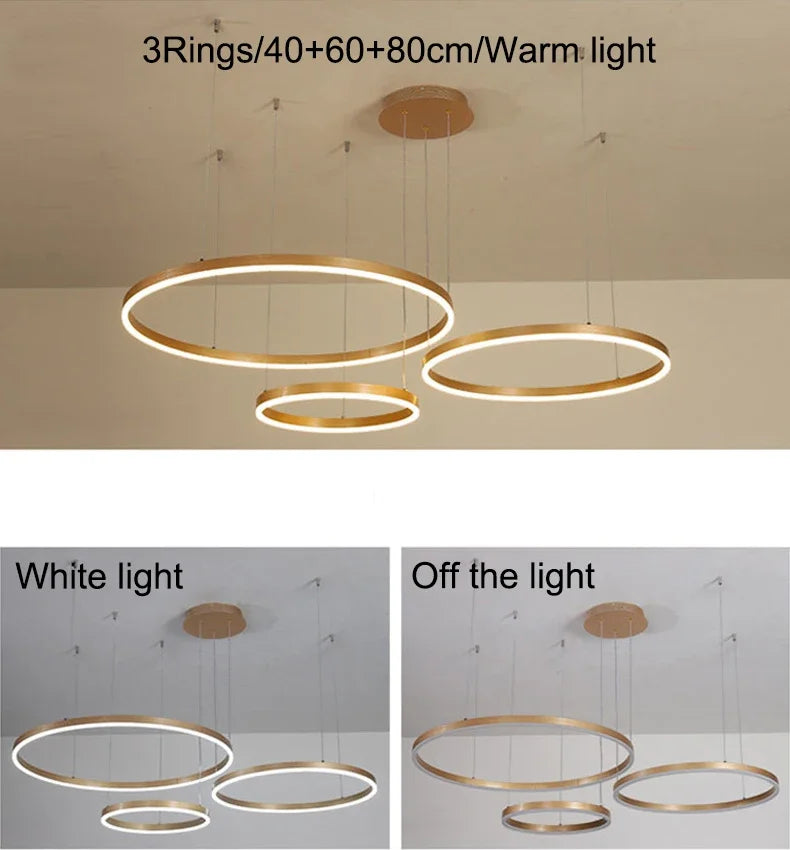 Modern LED Pendant Chandelier – Dimmable Gold or Coffee Brushed Circle Ceiling Light