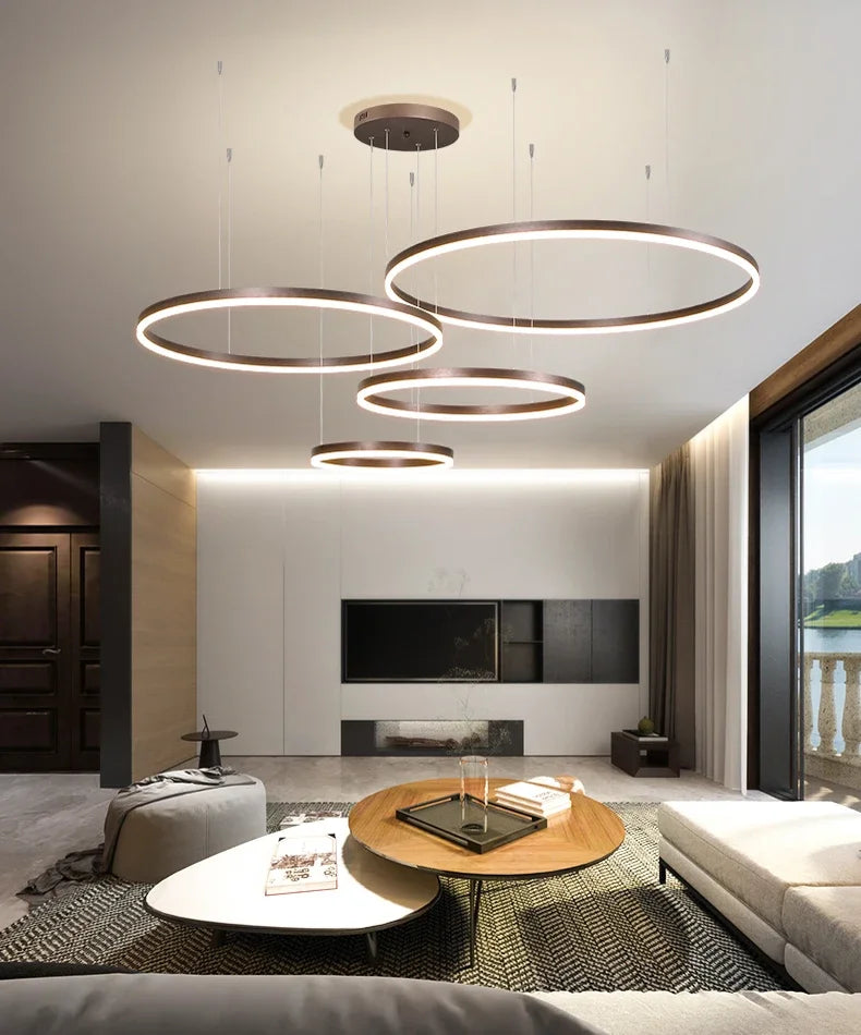 Modern LED Pendant Chandelier – Dimmable Gold or Coffee Brushed Circle Ceiling Light