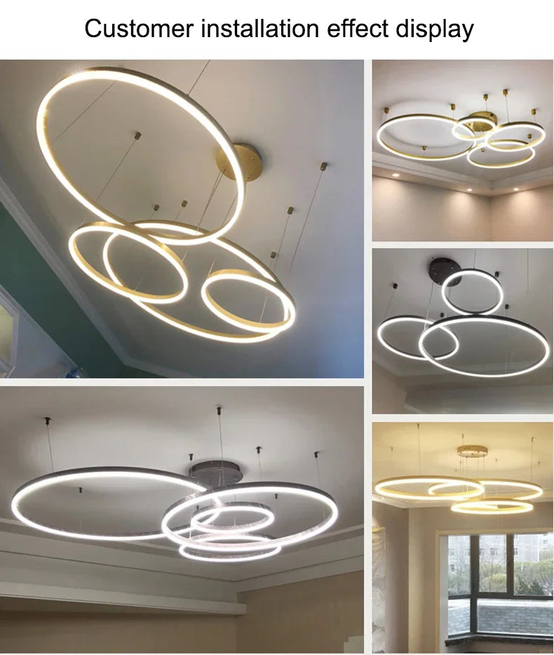 Modern LED Pendant Chandelier – Dimmable Gold or Coffee Brushed Circle Ceiling Light
