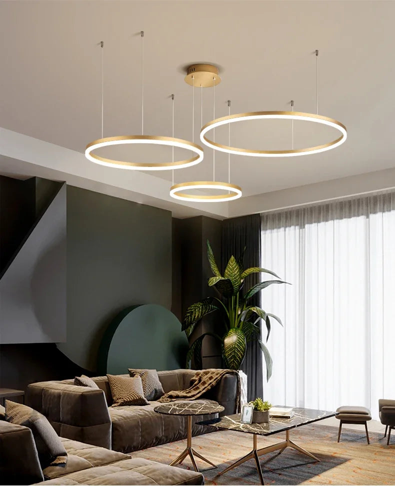 Modern LED Pendant Chandelier – Dimmable Gold or Coffee Brushed Circle Ceiling Light