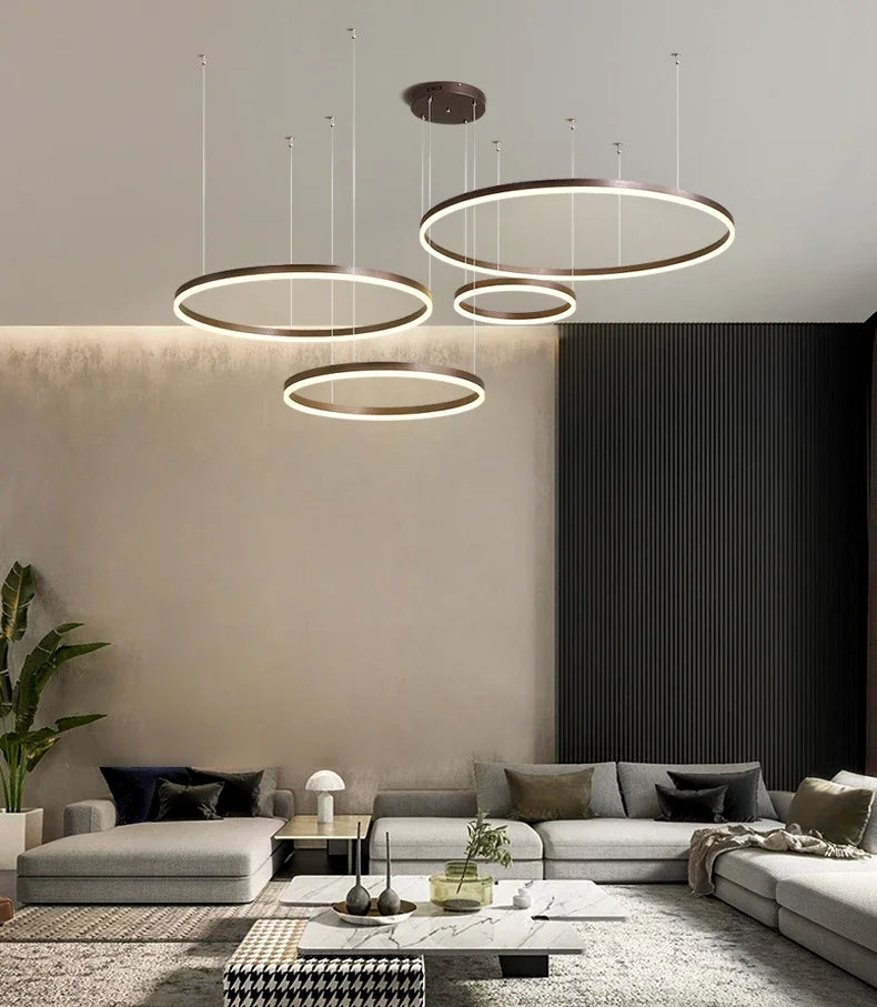 Modern LED Pendant Chandelier – Dimmable Gold or Coffee Brushed Circle Ceiling Light