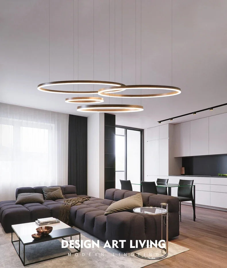 Modern LED Pendant Chandelier – Dimmable Gold or Coffee Brushed Circle Ceiling Light