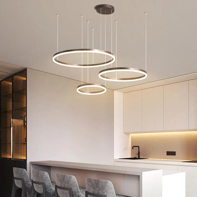 Modern LED Pendant Chandelier – Dimmable Gold or Coffee Brushed Circle Ceiling Light