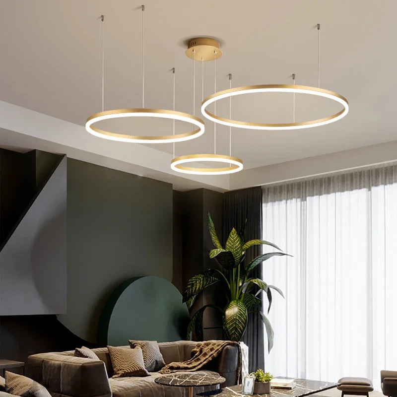 Modern LED Pendant Chandelier – Dimmable Gold or Coffee Brushed Circle Ceiling Light