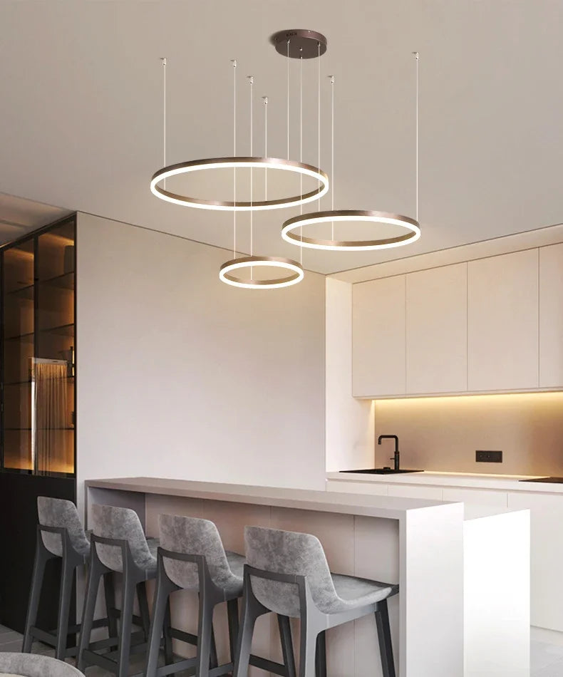 Modern LED Pendant Chandelier – Dimmable Gold or Coffee Brushed Circle Ceiling Light
