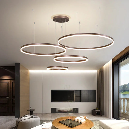 Modern LED Pendant Chandelier – Dimmable Gold or Coffee Brushed Circle Ceiling Light