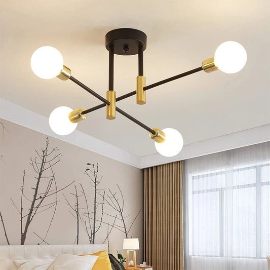 Modern ceiling light fixture in a living room setting with neutral decor.